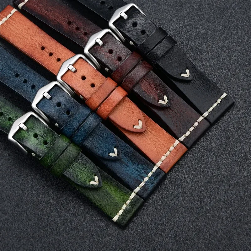 خمر جلد البقر جلد طبيعي حزام ساعة اليد 20/22 مللي متر 24 مللي متر العالمي براون الرجال سوار الفرقة اكسسوارات ل أوميغا ل تيودور حزام