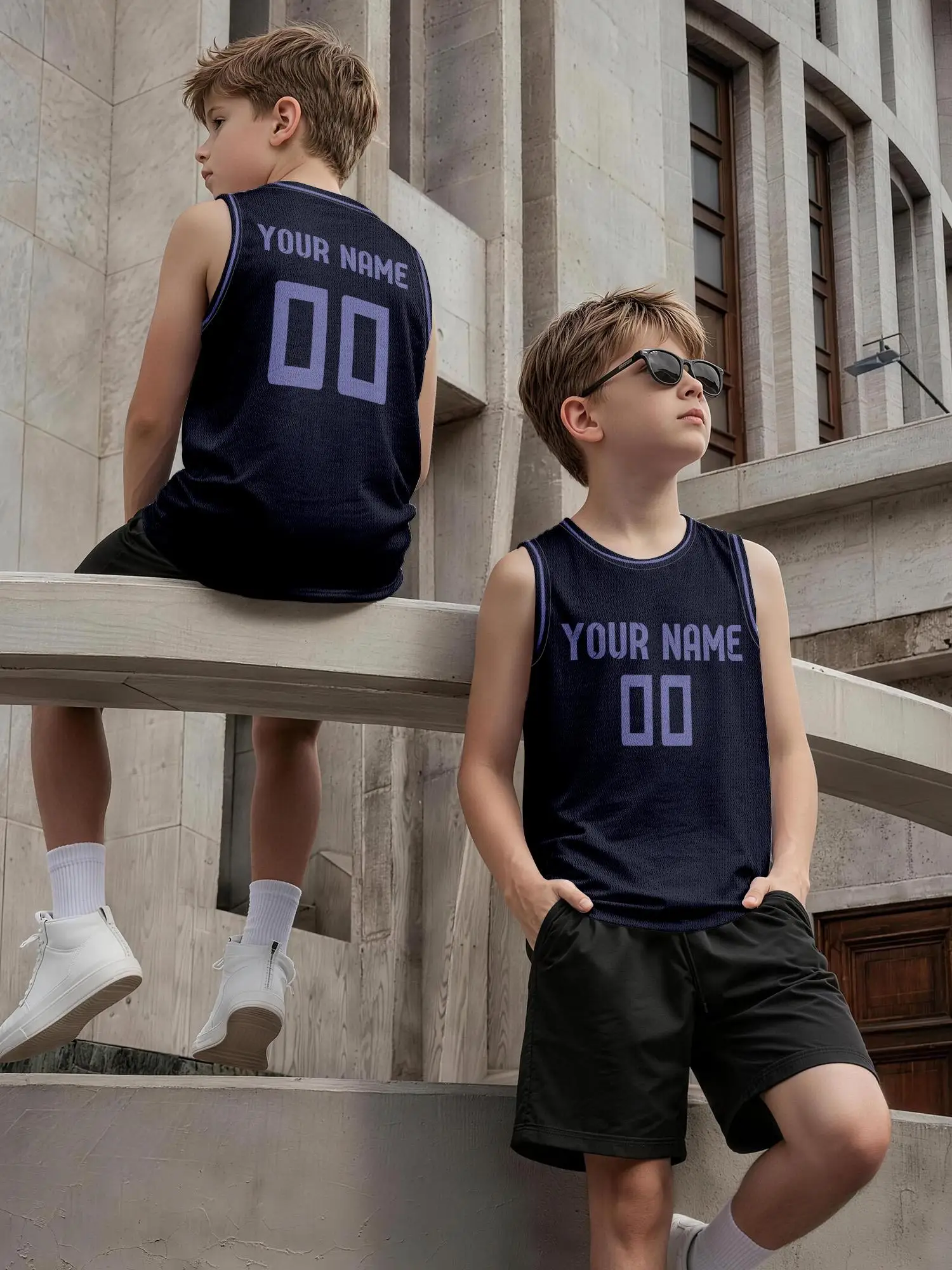 Navy‑Blue Light Purple Trim Custom Basketball Jersey Set, Adults Kids Name Number Print Quick‑Dry Uniform view 3