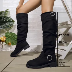 Female Women Boots Sexy Zipper Knee High Women Flats Shoes Square Toe Long Boots Thigh High Suede Chunky Heel Solid Botas