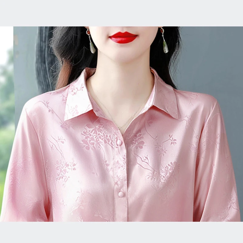 Camicetta da ufficio a maniche lunghe con camicia in raso jacquard da donna - Design elegante con ricamo per top primaverili autunnali da lavoro