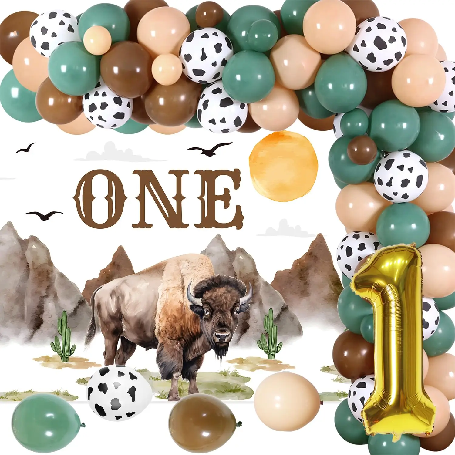 

Bison Themed 1st Birthday Party Decor ONE Backdrop Cow Balloon Garland Arch Kit for Boy First Wild Buffalo Animal Western Farm