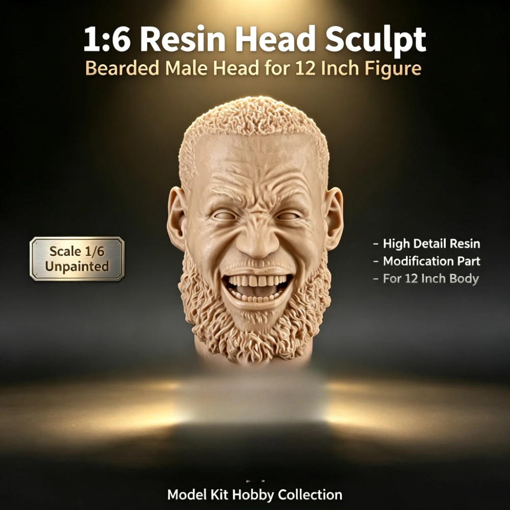 1/6 Scale Bearded Male Resin Head Sculpt Unpainted Carving Accessory for 12 Inch Action Figure Custom Modding