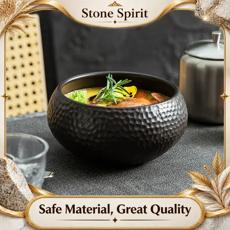 【Premium】Black Golf Hammer Pattern Ceramic Bowl, Round Soup Bowl, Tableware, Ramen, Fruit Salad Bowl, Deep Dish,Kitchen Utensils