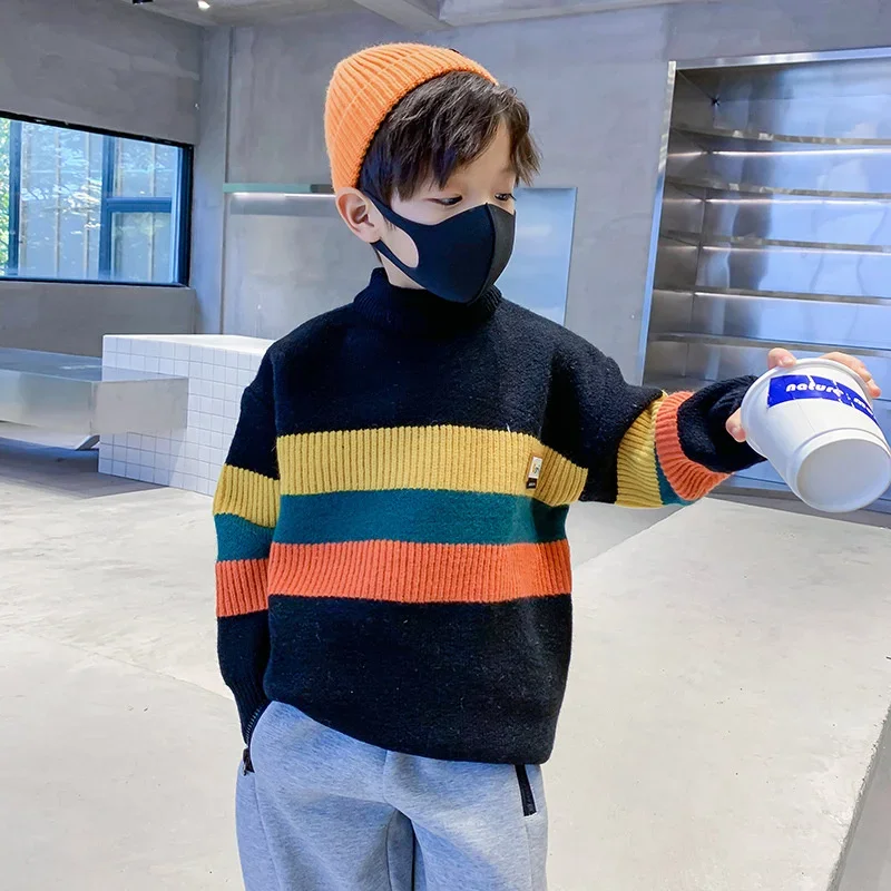 

Boys Sweater Wool Coat Kids Tops Knitting 2024 Vintage Spring Autumn Plus Thicken Cottons Pullover Teenagers Children's Clothing