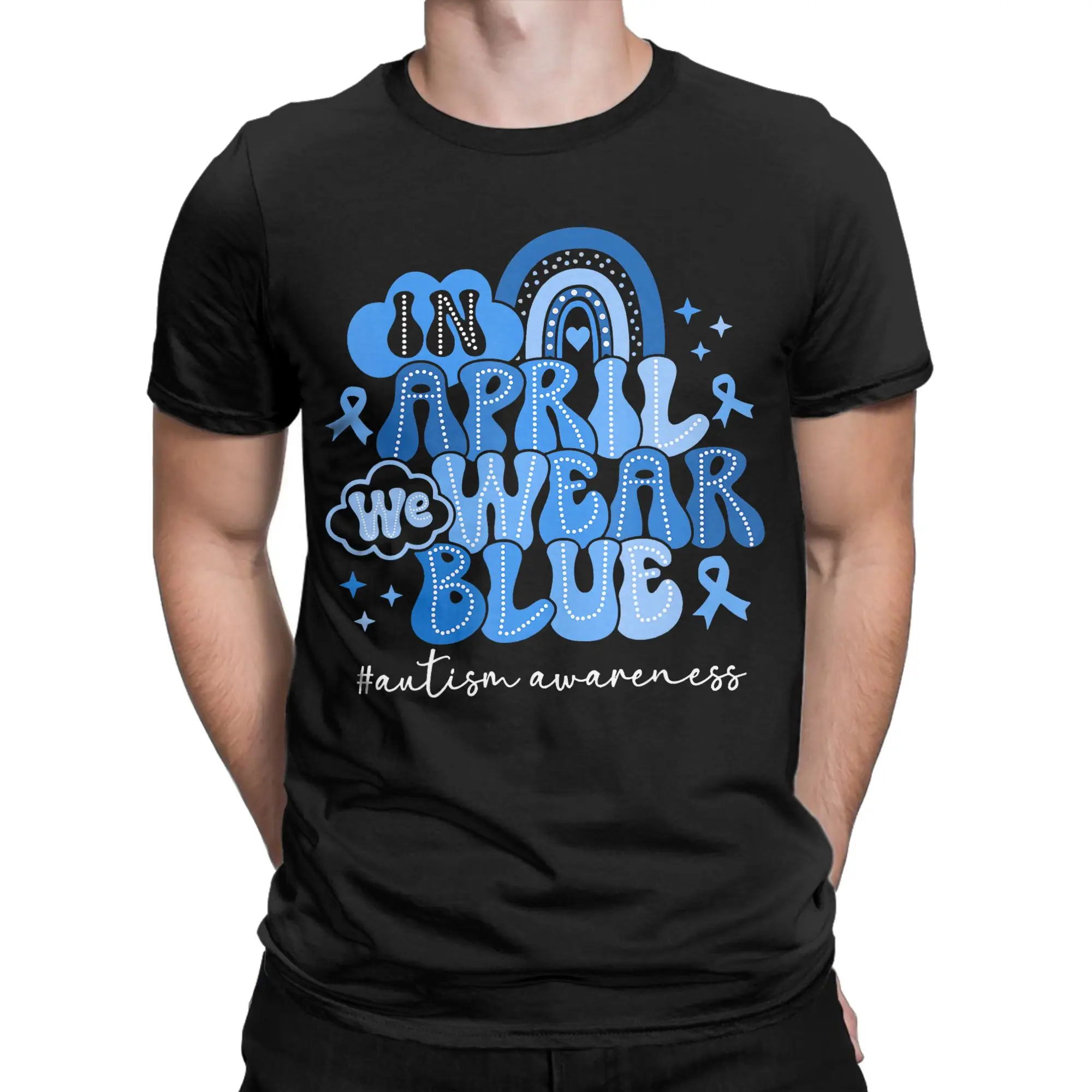 April We Wear Blue Autism Awareness T Shirts Men 100% Cotton Funny T-Shirts Round Collar  Tee Shirt Short Sleeve Clothes Plus