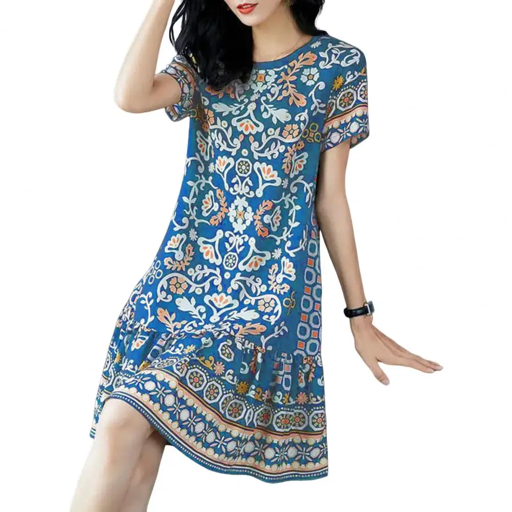 Dress Retro Print A-line Midi Dress for Women with Half Sleeves Round Neck Big Hem for Wear Vacation in Summer Loose Fit Dress