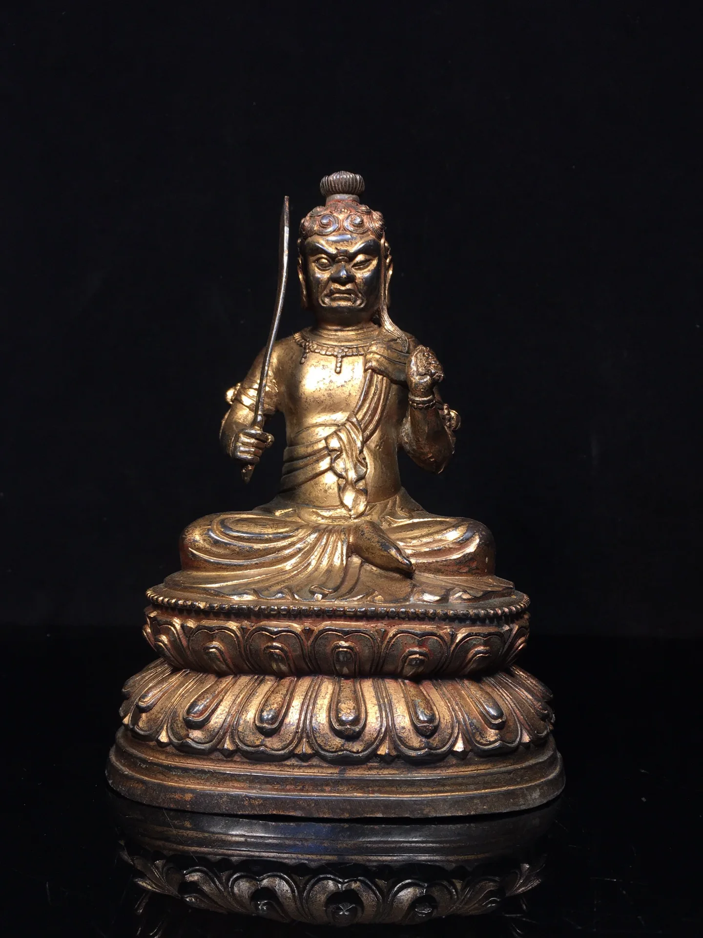 

9"Tibetan Temple Collection Old Bronze Cinnabar Mud gold Aryaacalanatha Bodhisattva Buddha Lotus Platform Worship Hall