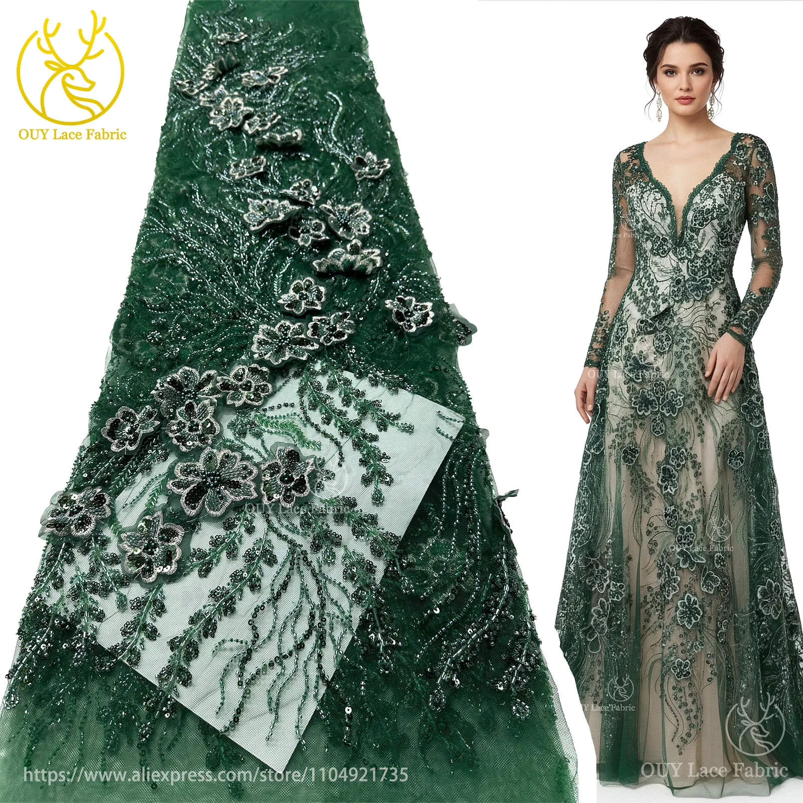 

African Beaded Lace Fabric 2025 High Quality French 3D Flower Sequin Embroidery Tulle Lace Fabric for Party Wedding Dresses