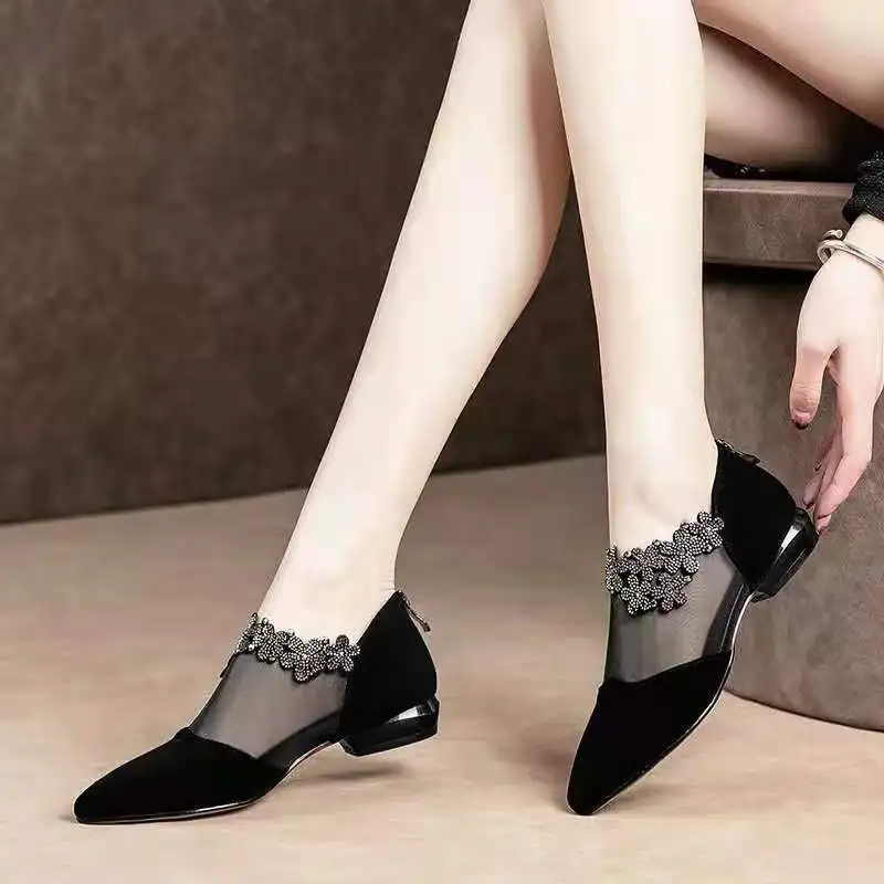 Elegant Women Shoes Mesh Sexy Single in Europe America 2024 Spring Pumps Gauze Flats Pointed Toe Hollow Fashion Ventilate Work