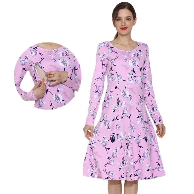 Spring Autumn Long Sleeve Maternity Dress Nursing Clothing Patchwork Breastfeeding Clothes Maternity Dress For Pregnant Women