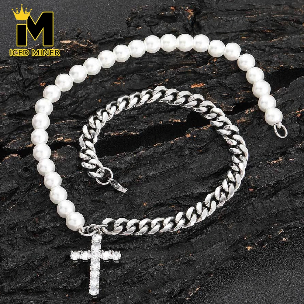 

Icedminer 8mm Pearl 316L Stainless Steel Link Chain Necklaces With Brass Cross Pendant For Women Men Chain Hip Hop Jewelry