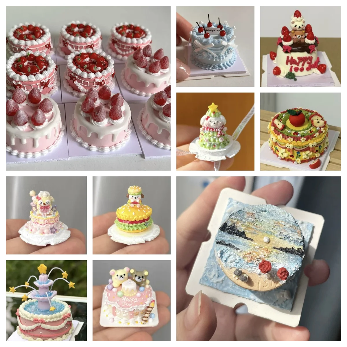 1/6 Dollhouse Miniature Handmade Clay Cake Realistic Scale‑Down Simulation Animal Party Grassland Snow Scene Dessert Decor Prop