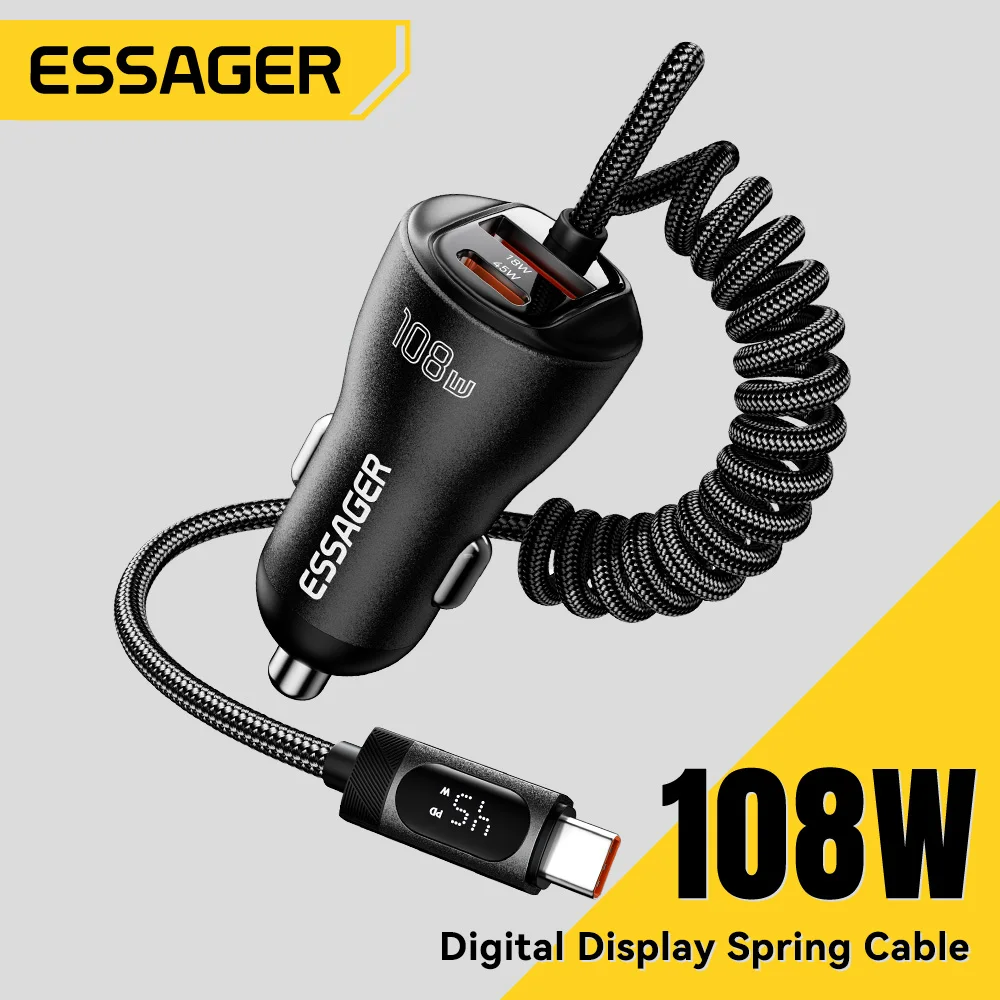 

Автомобильное зарядное устройство Essager 108W USB Type-C с пружинным кабелем, быстрая зарядка Type-C для iPhone 17, 16, 15, Huawei