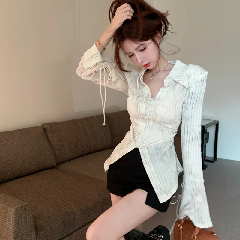 Casual Shirts Women Button-up Bandage Lantern Sleeve Casual Tops All-match Temper Design Tender Slim Korean Tie Dye Chic Daily