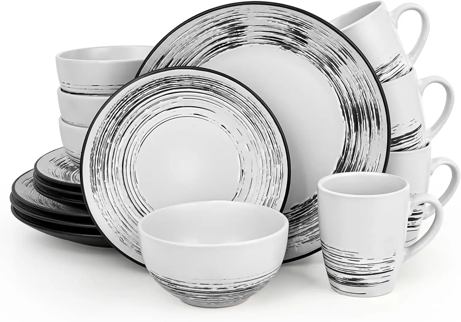 

16 Pcs Stoneware Dinnerware Sets for 4, Porcelain Farmhouse Plates Bowls Mugs Set - Minimalist Chip