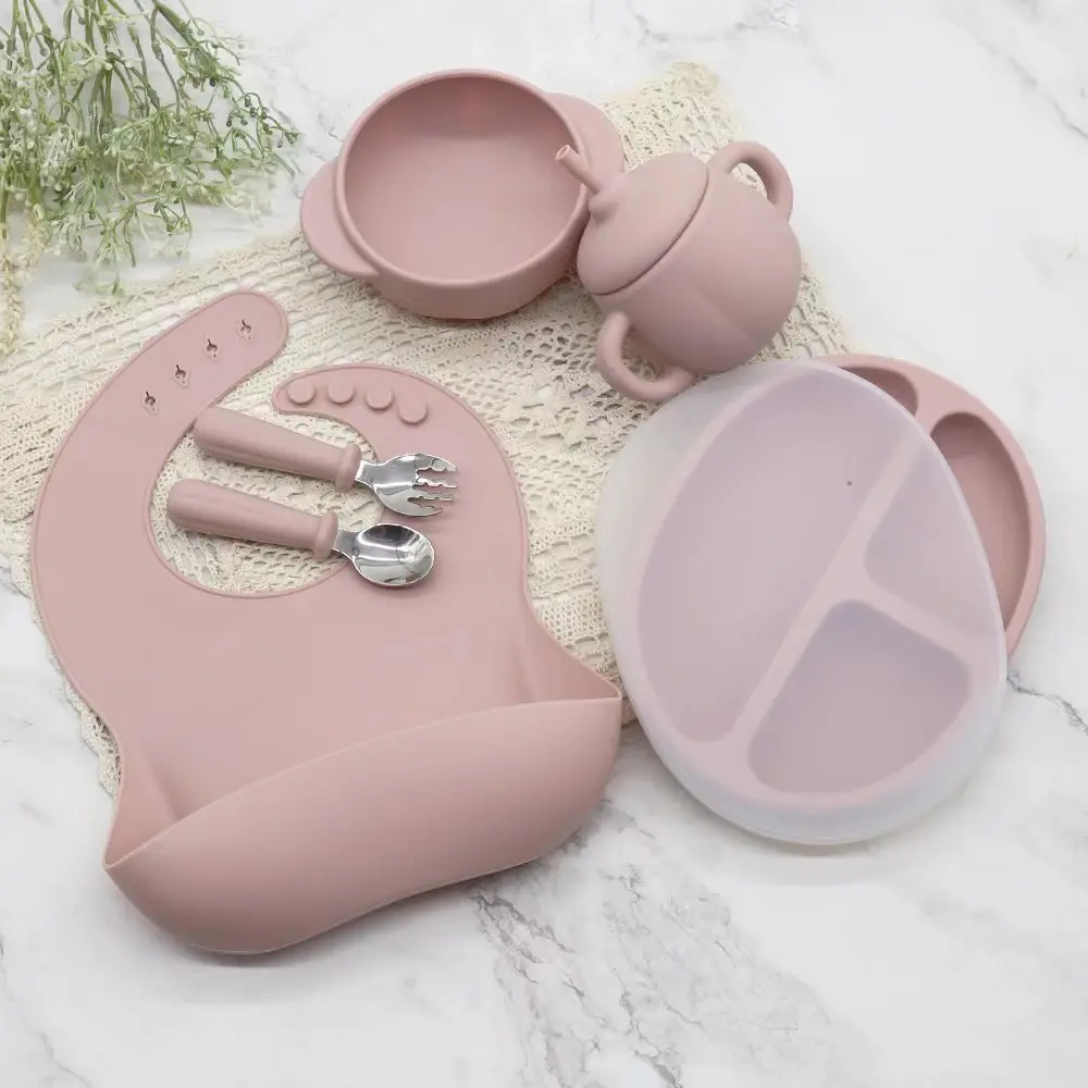 

Baby Silicone Non-Slip Suction Bowl Feeding Set Kid Training Spoon Waterproof Bib Cup Set Cartoon Dishes Plate For Newborn Stuff