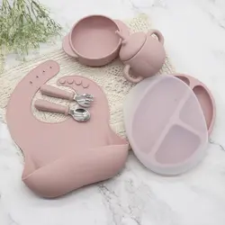 Baby Silicone Non-Slip Suction Bowl Feeding Set Kid Training Spoon Waterproof Bib Cup Set Cartoon Dishes Plate For Newborn Stuff