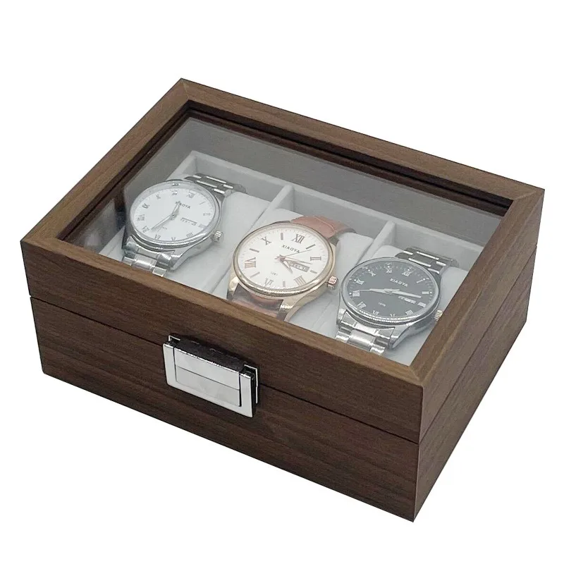3 Slots Retro Series Walnut Dark Wood Box for Watch Jewelry Glass Lid With Grey Velvet Interior