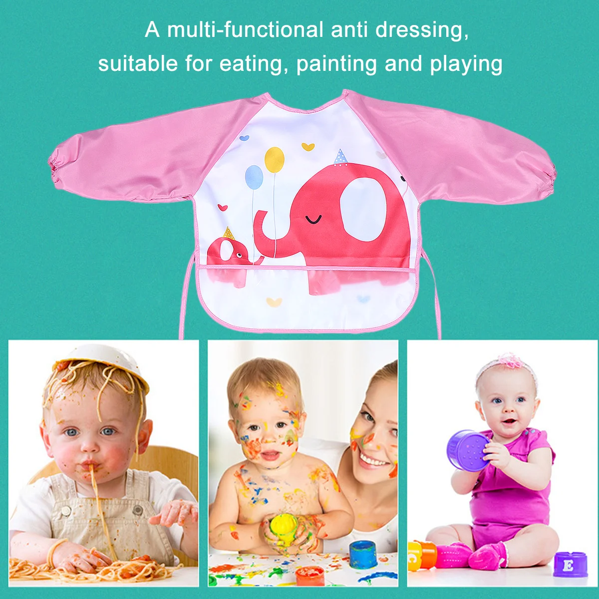 

Waterproof Apron for Kids Elephant Pattern Pink 0-3 Years Washable Quick-Dry Protective Clothing Art Smock for Painting Drawing