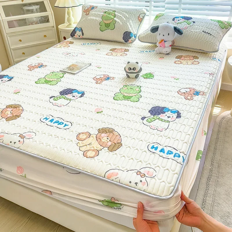 3Pcs Summer Natural Latex Cooling Mat Set Cartoon Printed Fitted Sheet with Pillowcase Soft Non-Slip Bedding with Elastic Band