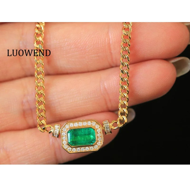 

LUOWEND 100% 18K Yellow Gold Necklace Cuban Chain Luxury Design Shiny Diamond Natural Emerald Necklace for Women Fine Jewelry