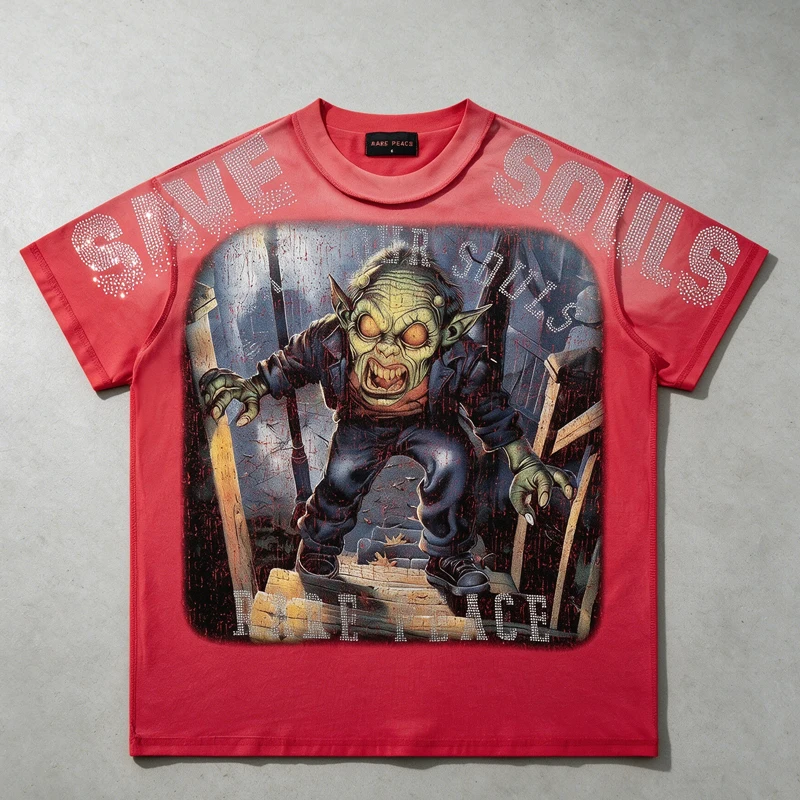 Retro Red Rare Peace T-shirt Casual Men's Women's Round Neck Rhinestone Printed Short Sleeve Hip Hop Street Tee