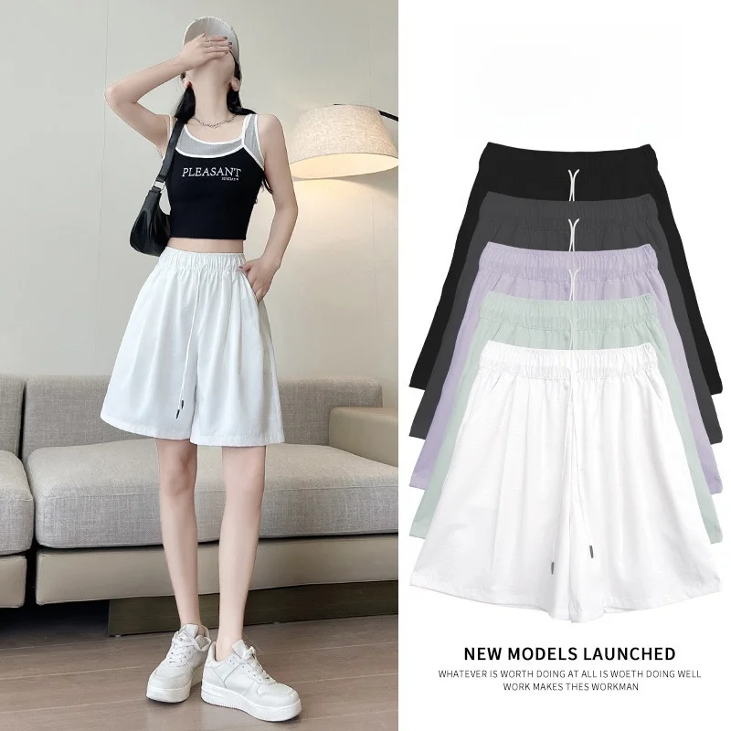 

Женские летние тонкие спортивные шорты из чистого хлопка и ледяного шелка, быстросохнущие, свободного кроя, с высокой талией, широкими штанинами, для фитнеса и бега