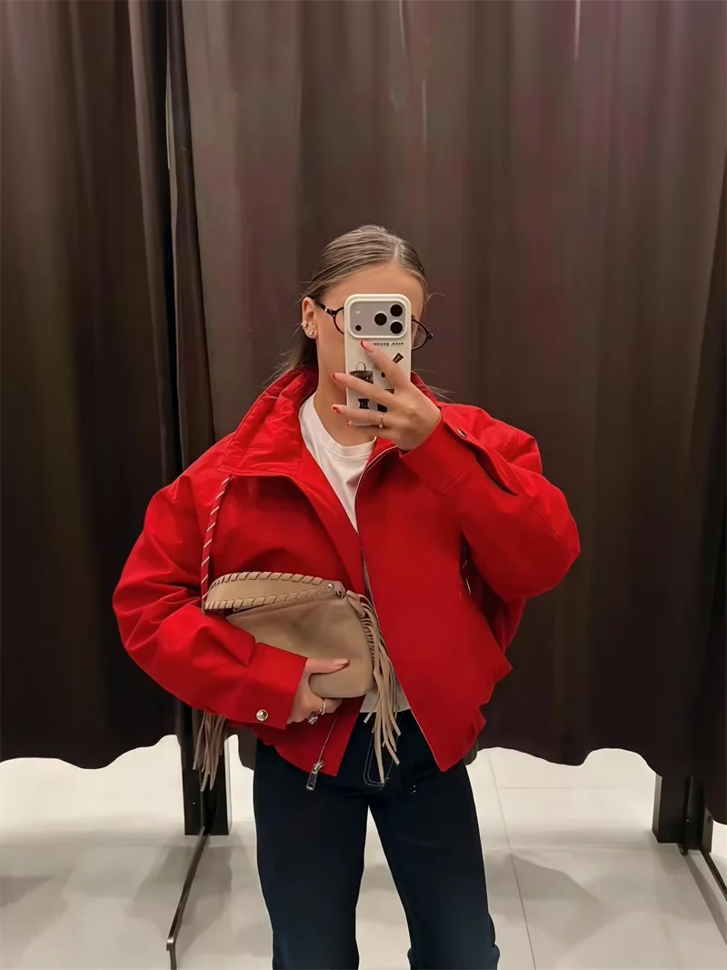 Guobioziy 2026 Autumn Women's Short Thick Jacket Stand Collar with Drawstring Hem Zipper Long Sleeve Loose Casual Pocket Coat