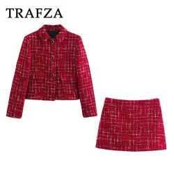 TRAF 2024 Autumn Texture Casual Woman Suits Single Breasted Blazer+Zipper Slim Mini Skirt Shorts Fashion Vintage Women Sets