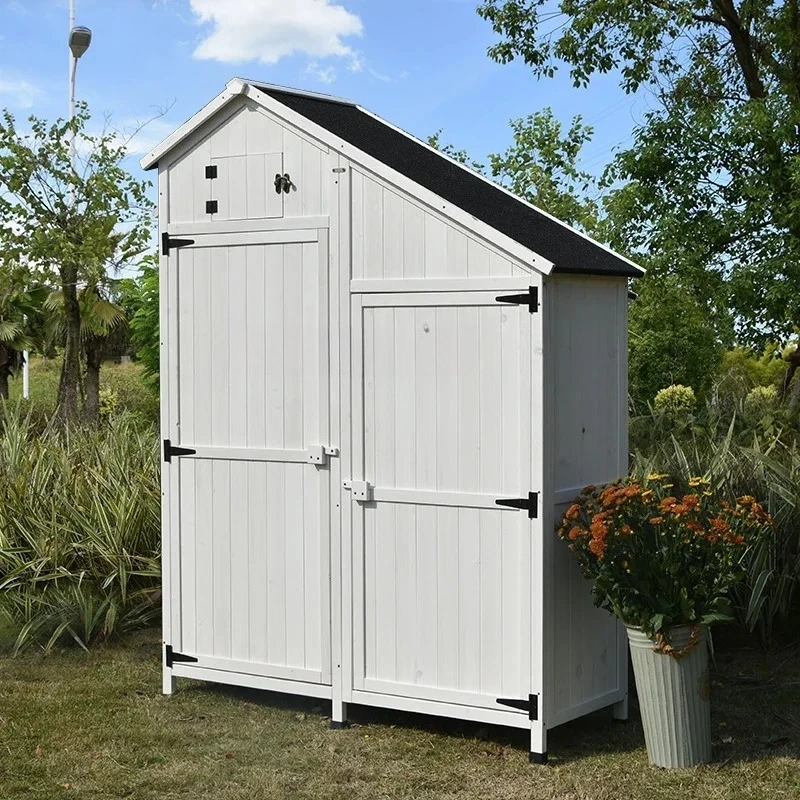 Storage cabinet Outdoor storage Solid wood rain protection Sun corrosion Double door Firewood room White balcony