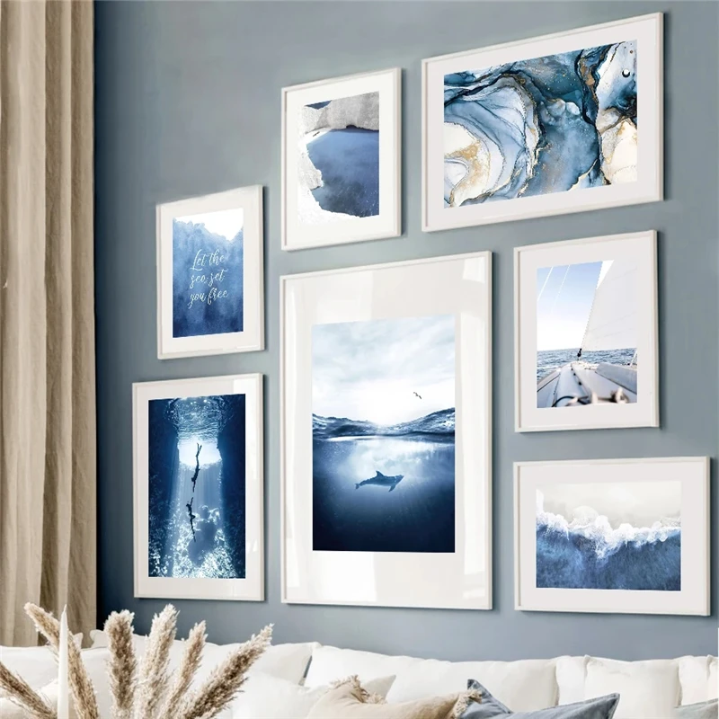 Dark Blue Sea View Wall Art Canvas Painting Ocean Print Nordic Wall Painting Room Decoration Canvas Frameless