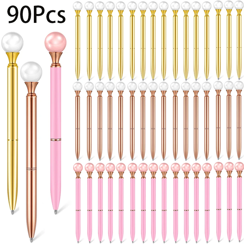 90Pcs Pearl Retractable Ballpoint Pens Bling Metal Ballpoint Pens Fancy Pen for Women Bling Pens Pearl Pen for School Office