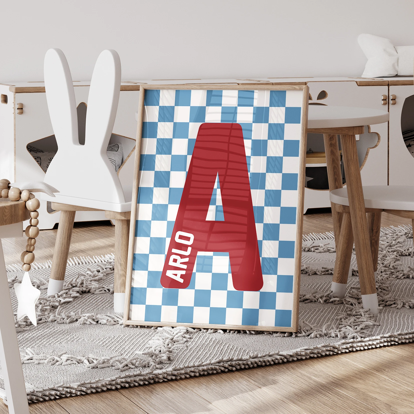 3pcs Personalized Custom Name Blue Grid Wilson Boy Wall Art Print Picture Canvas Poster Painting Living Room Home Decor