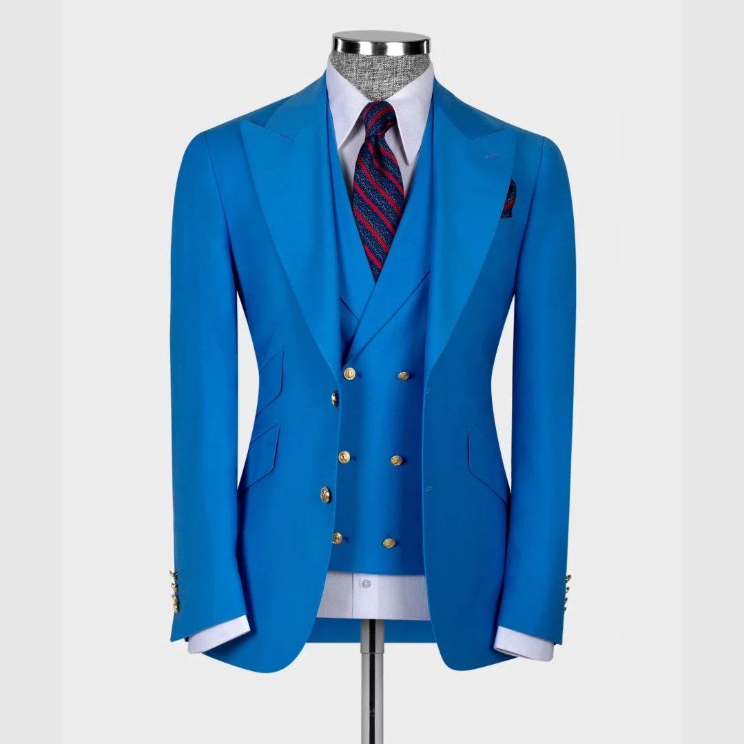 

Elegant Peaked lapel Blue Full Men's Suits for Groom Prom Party 3pcs Blazer Vest Pants Formal Business Office Male Suit