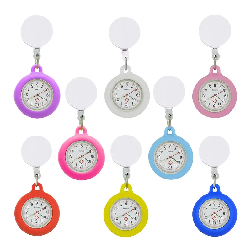 YiJia Quartz Retractable Badge Reel Pocket Watch for Nurse with Silicone Protect Case and Luminous Pointer