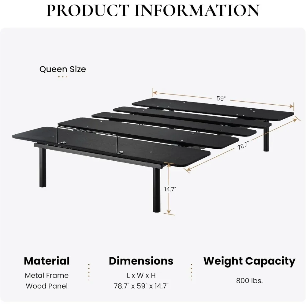 Queen Size Adjustable Bed Frame, Independent Head, Foot Incline, Wireless Remote Control with Quiet Motor, Ergonomic Bed Frame