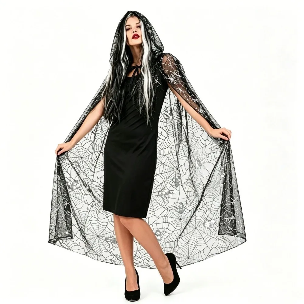 Gothic Style Lightweight Halloween Hooded Cape Black Bat Spider Web Mesh Cardigan Creative Semi-transparent Long Cloak Event
