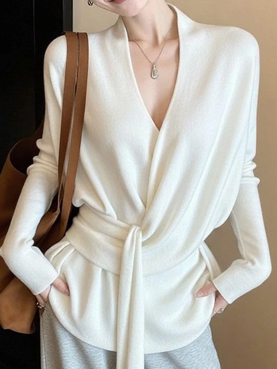 

Уникальная женская вязаная футболка с V-образным вырезом и завязками, модная, белая, для ношения под одеждой, во французском стиле, свободного кроя, средней мягкости