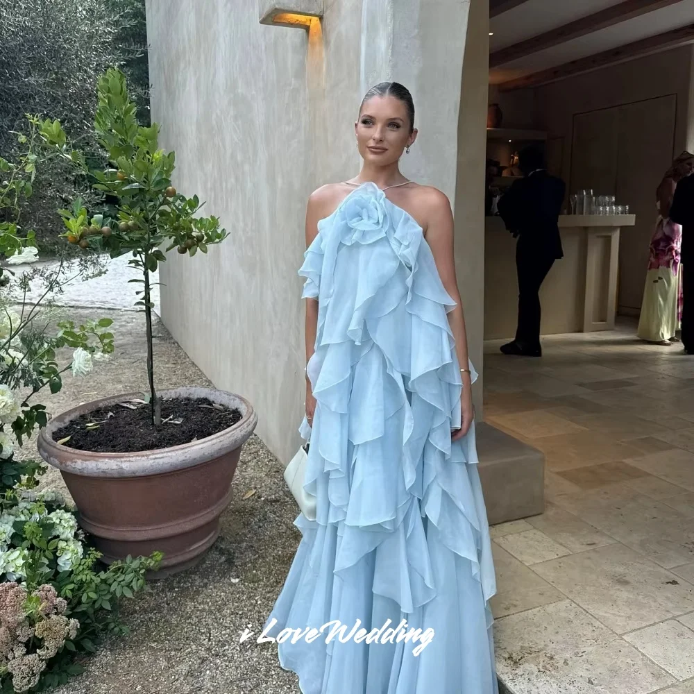 

Blue Halter A-Line 3D Flower Tiered Ruffle Evening Dress Sleeveless Backless Floor-Length Pleated Wedding Party Dress Customized