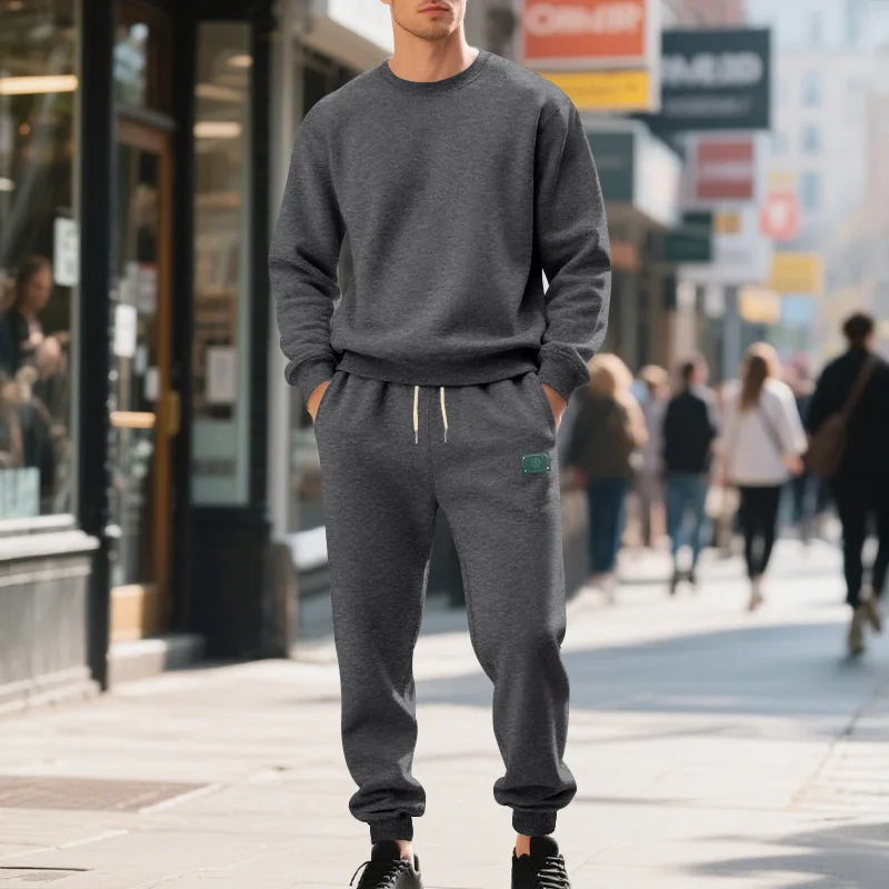 

American Style Heavyweight Men's Loose Fit Warm Fleece Lined Casual Round Neck Sweatshirt and Pants Set for Autumn Winter