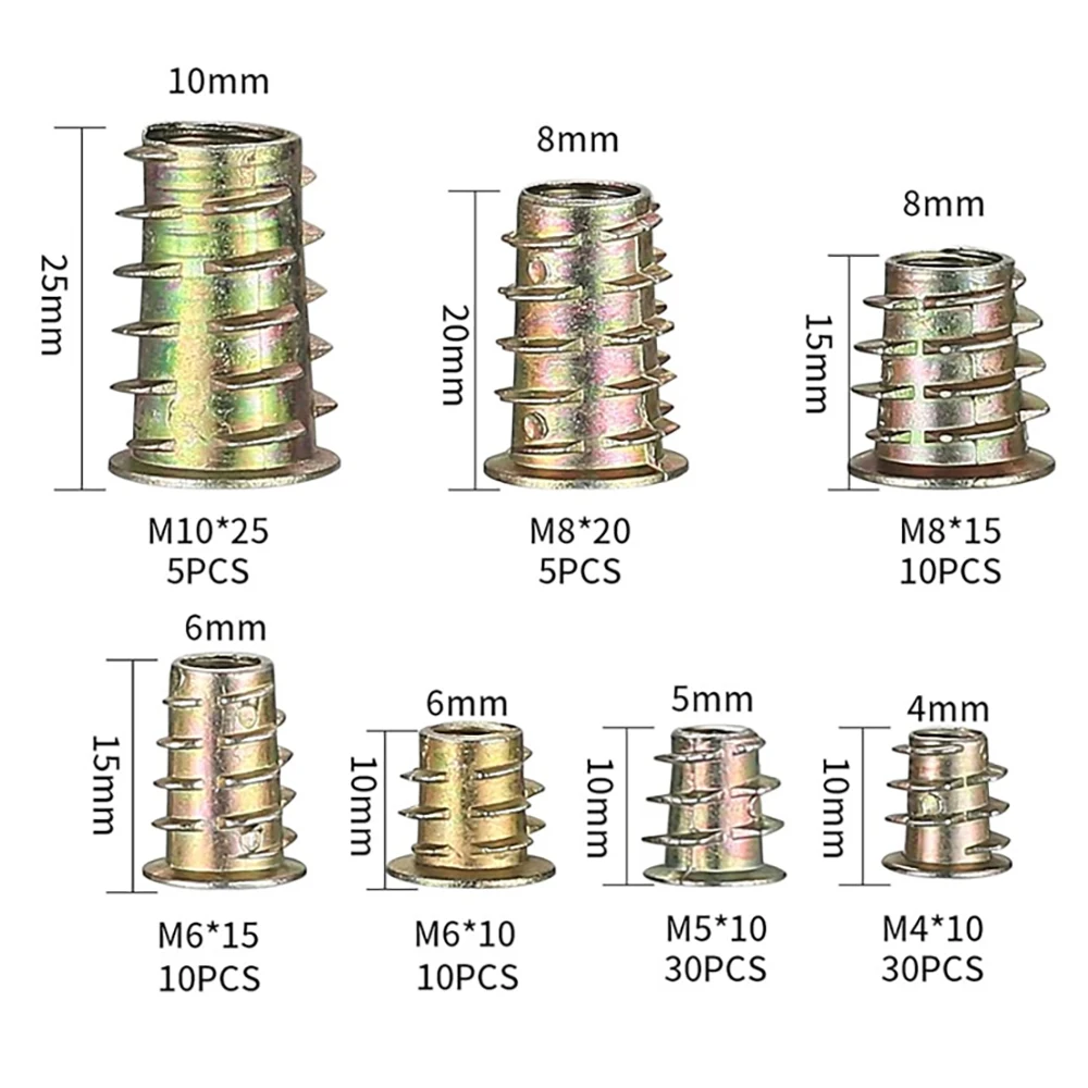 100 قطعة إدراج الخيوط المكسرات مجموعة أدوات متنوعة-متري M4/M5/M6/M8/M10 عرافة المقبس محرك الأثاث المسمار في الخشب إدراج البراغي