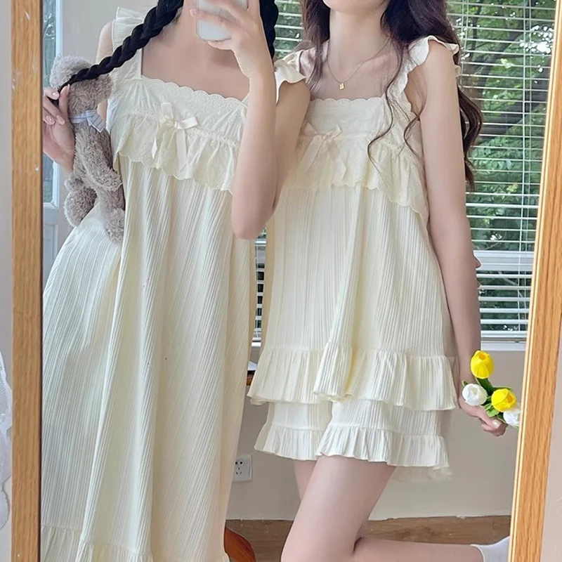 Summer Ladies Halter Nightgown Female Cute Court Style Teenage Undershirt Pajamas Female Summer Models Sweet Homewear Set