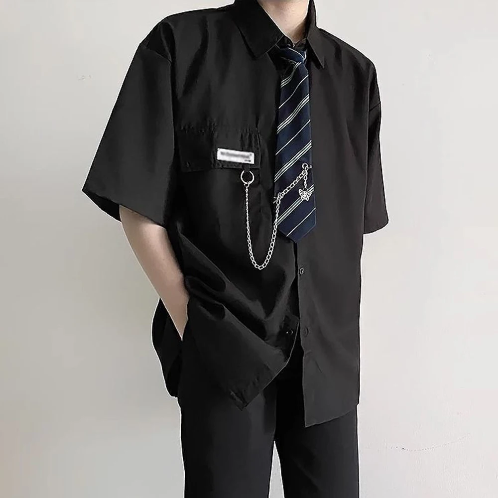 Mens Tie College Y2k Chain Dk Shirt Streetwear Fashion Youth Trend Elegant Campus City Boy Lightweight Short Sleeve Top 2026