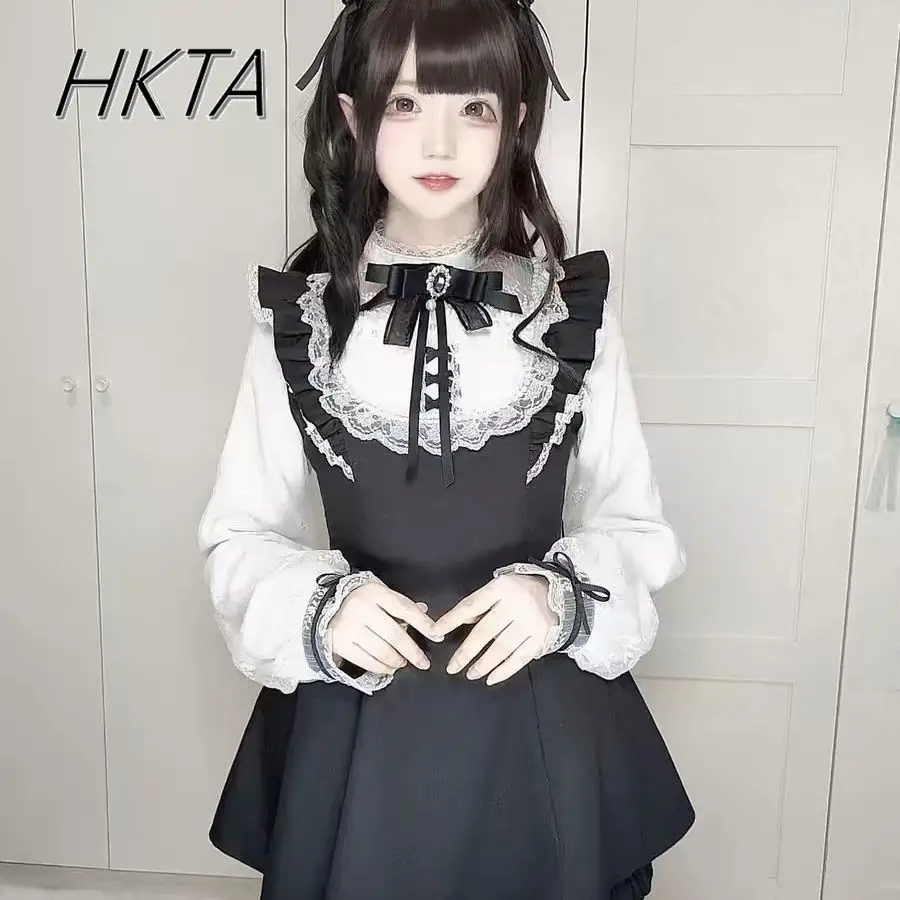 

Japanese Style Lolita Mass Produced Mine Series Two Pieces Sets Women Sweet Cute Lace Princess Dress Bow Petal Sleeve Fold Tops