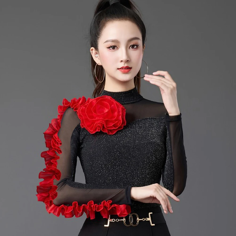 Трехмерный цветочный танцевальный фиолетовый топ, сексуальный женский комбинезон с длинными рукавами и контрастным цветом Samba, розовый сетчатый топ с высоким воротником, красный