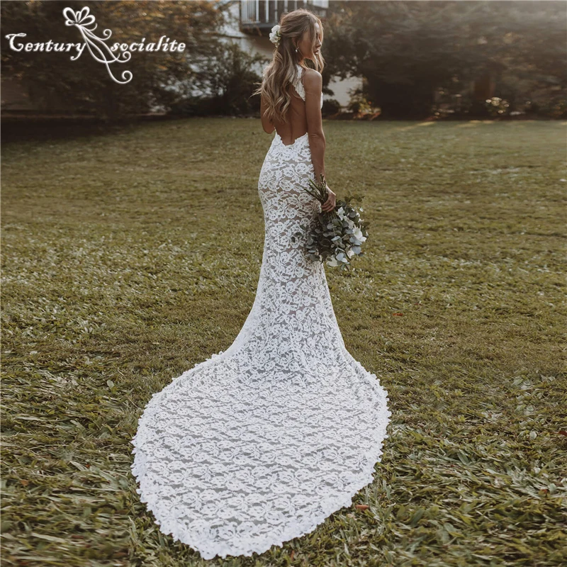 Rustic Wedding Dresses Mermaid 2025 with Slit Halter Neck Backless Lace Boho Bridal Gowns Garden Bride Dress Customized