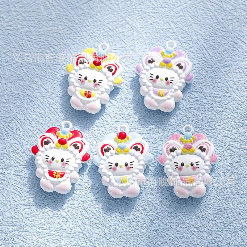 5pcs Zinc alloy paint Chinese style lion dance KT cat pendant DIY mobile phone chain keychain bracelet accessories pendant