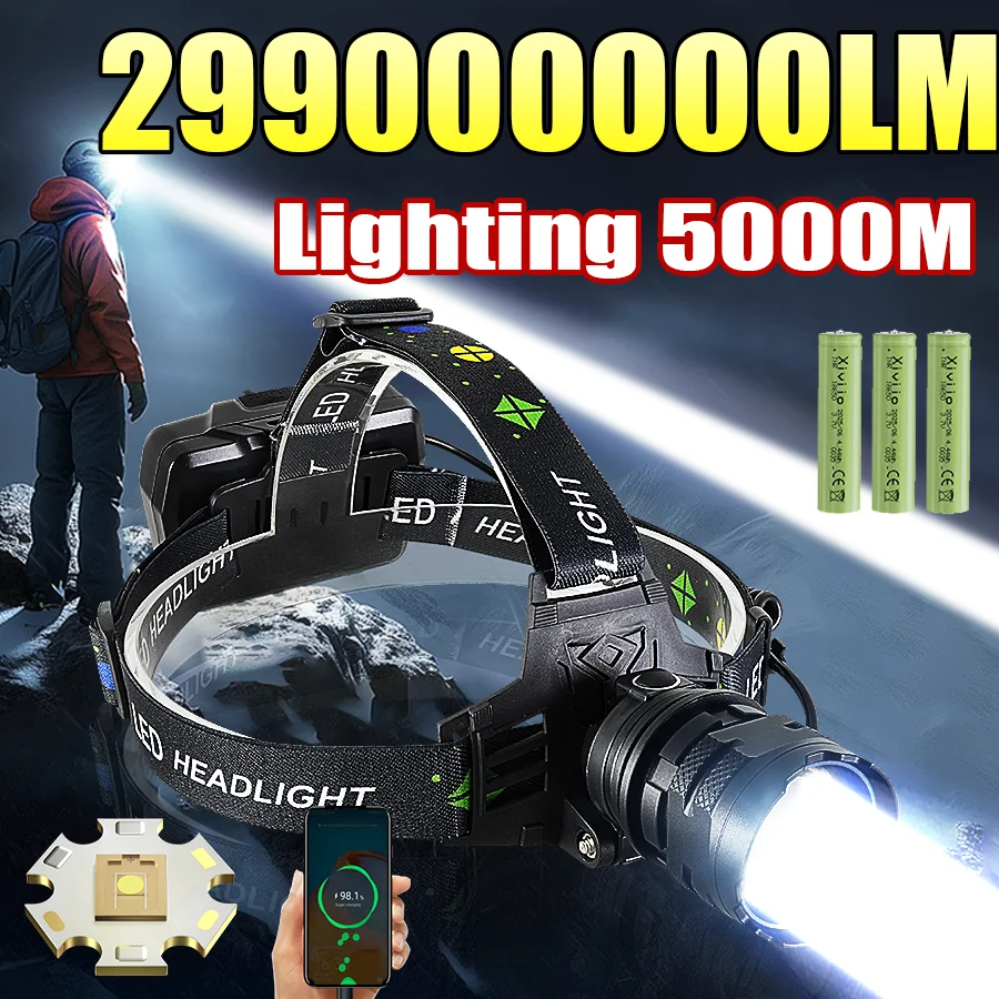 29900000LM Powerful Headlamp Portable 18650 USB Rechargeable Lamp Super Powerful Head Flashlight Long Range LED Headlamp Fishing
