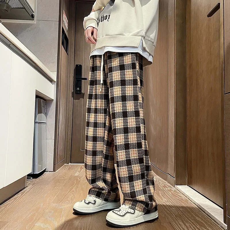 Celana panjang kotak-kotak Vintage pria, celana panjang kaki lurus, celana wol jalanan tinggi, celana pantalon Hip Hop model Korea musim gugur untuk pria