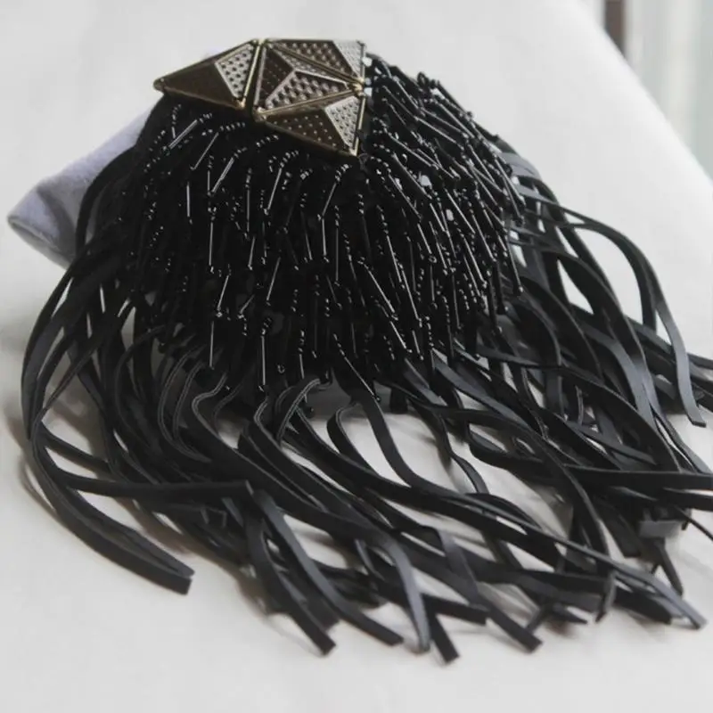 

652F Fringe Shoulder Pieces Leather Tassel Chain Epaulet Beads Punk Fringe Shoulder Boards Badge Uniform Accessories for Wom